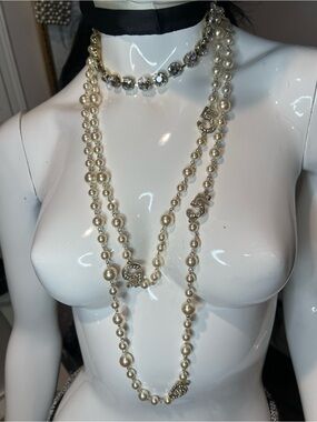 Ivory Pearl Long Necklace with Crystal Letter Accents